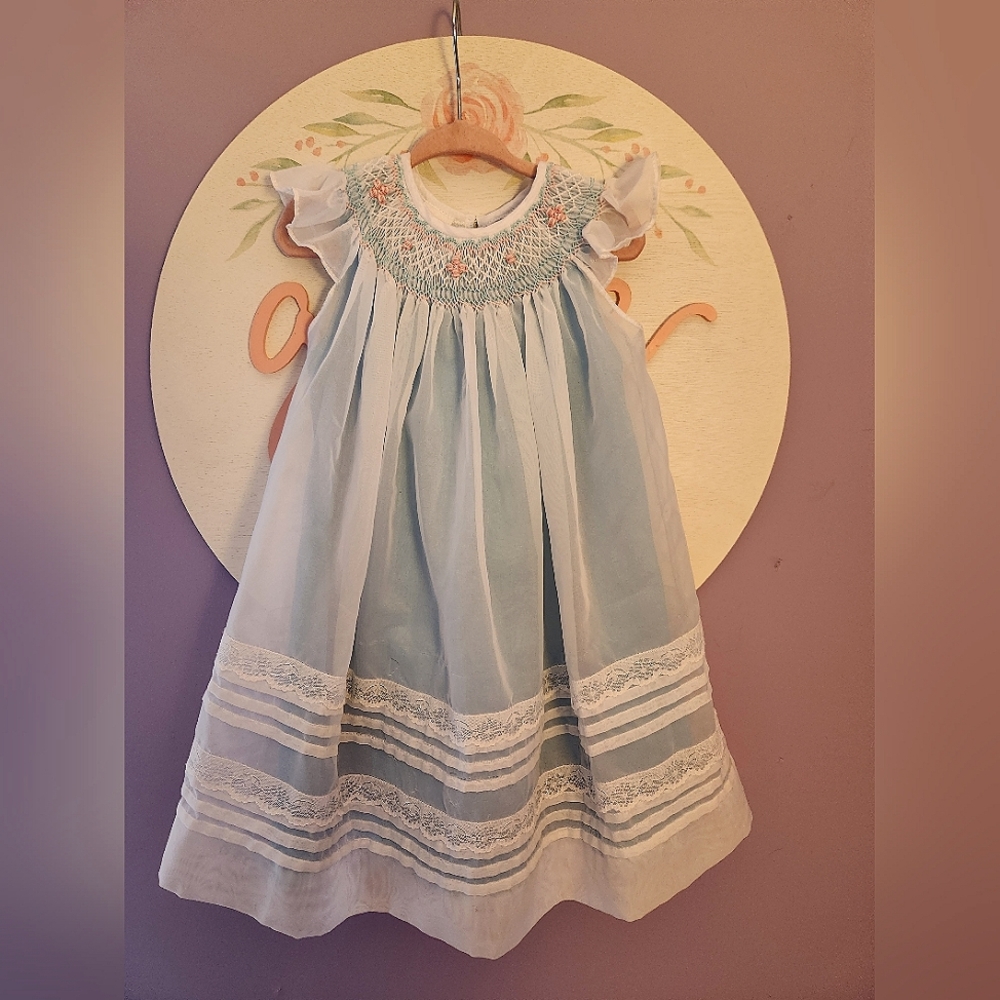 Lace White Smocked Dress with Blue Slip